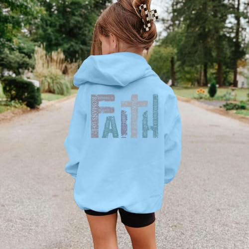 Girls Christian Hoodies Kids Jesus Faith Sweatshirts Cute Religious Graphic Sweater Inspirational God Bible Verse Top - color: Light Blue, size: 13-14 Years