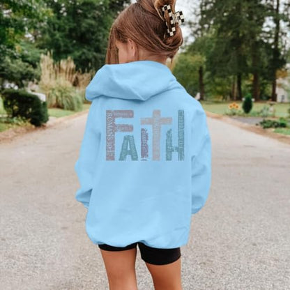 Girls Christian Hoodies Kids Jesus Faith Sweatshirts Cute Religious Graphic Sweater Inspirational God Bible Verse Top - color: Light Blue, size: 13-14 Years