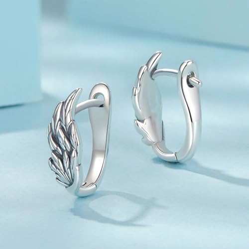 Silver Plated Hoop Earrings for Women Infinity Angel Feather Pearl Turquoise Cross Star Huggie Ear Buckles Hypoallergenic Posts Dainty Jewelry Gift - color: Silver Wings