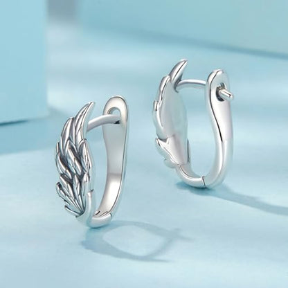 Silver Plated Hoop Earrings for Women Infinity Angel Feather Pearl Turquoise Cross Star Huggie Ear Buckles Hypoallergenic Posts Dainty Jewelry Gift - color: Silver Wings