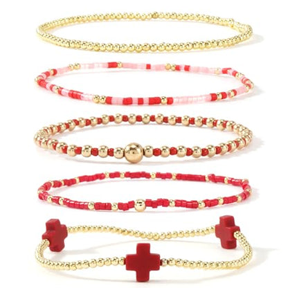 Gold Beaded Bracelets Stack for Women Stackable 14K Gold Plated Beads Ball Cross Bracelet Boho Christian Jewelry Faith Friendship Birthday Gifts for Women - color: Red
