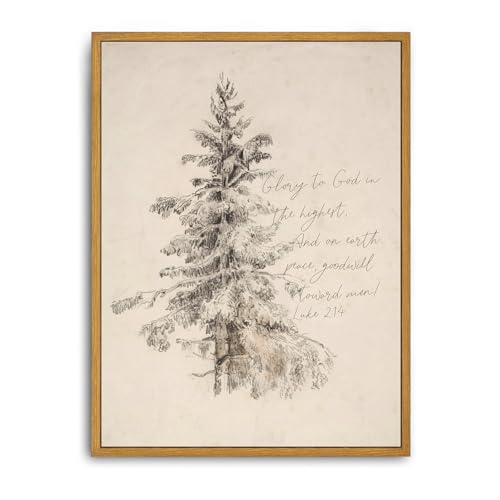 Roslynity Framed Canvas Wall Art Vintage Print Christmas Tree Scripture Paintings Peace On Earth Luke 2:14 Winter Pine Christian Bible Verse Retro for Home Living Room Bedroom Decor (12"x16") - color: Christmas Tree with Scripture, size: 16"L x 12"W