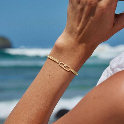 Beaded Bracelets for Women 14K Silver Gold Plated Stretch Handmade Ball Bracelets Cute Charm Bracelet Dainty Stackable Cross Heart Bow Wave CZ Circle Trendy Jewelry Easter Gifts - color: Gold-6