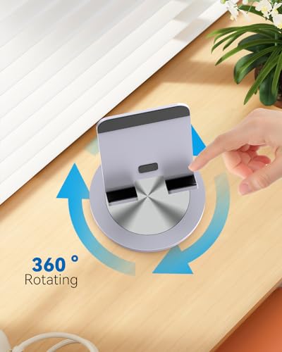 Phone Stand for Desk, 360° Rotating Dual Adjustable Foldable Cell Phone Holder, Heavy Solid All-Aluminum Base Anti-Slip Stable Support for Home Office Study, Fits iPhone Galaxy 4-8" Phones - color: Grey