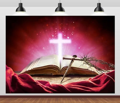 Fabric 7x5ft Jesus Crown of Thorns Backdrop Christian Cross Easter Resurrection Background for Religious Event Theme Party Decorations Lent Church Banners Crucifixion of Jesus Photo Props - size: 7x5ft
