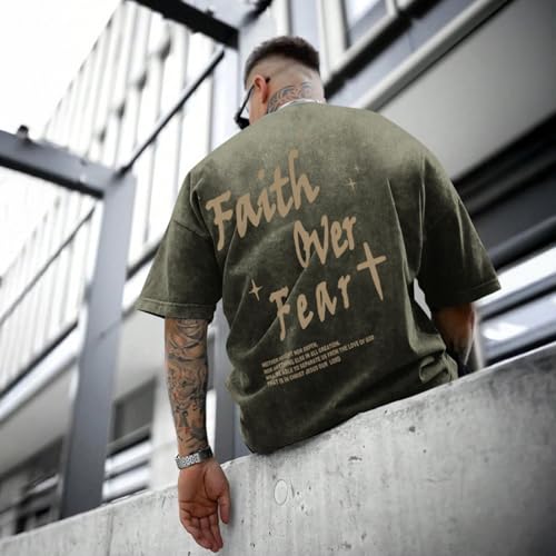 Christian Shirts for Men Faith Over Fear Acid Wash Tshirts Faith Religious Tees God Bible Verse Inspirational Tops - color: Army Green, size: Small