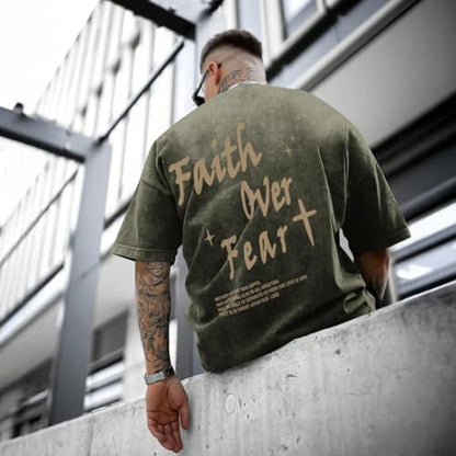 Christian Shirts for Men Faith Over Fear Acid Wash Tshirts Faith Religious Tees God Bible Verse Inspirational Tops - color: Army Green, size: Medium