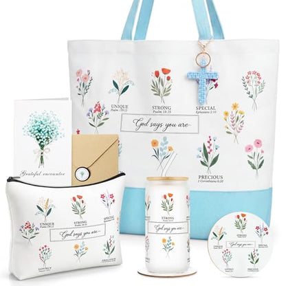 Aliceset 6 Pcs Religious Christian Gifts for Women Bible Verse Tote Bag Cosmetic Bag Glass Cup Keychain for Catholic Church(Blue) - color: Blue