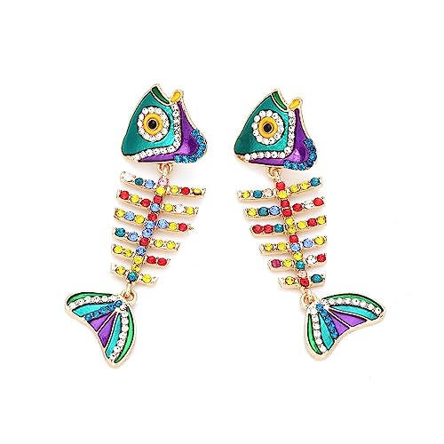 Fish Bone Earrings Drip Oil Animal Earrings Colorful Crystal Sparkly Enamel Earrings Creative Long Fishbone Earstud Dangle Fish Drop Earrings Jewelry for Women - color: Colours