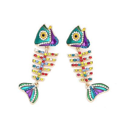 Fish Bone Earrings Drip Oil Animal Earrings Colorful Crystal Sparkly Enamel Earrings Creative Long Fishbone Earstud Dangle Fish Drop Earrings Jewelry for Women - color: Colours