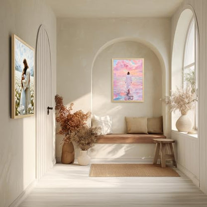 FASWQ Wood Framed Pink Jesus Walking on Water Wall Art 12x16 in - color: JesusBack(Wood), size: 16"L x 12"W