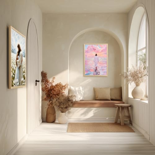 FASWQ Wood Framed Pink Jesus Walking on Water Wall Art 16x24 in - color: JesusBack(Wood), size: 24"L x 16"W