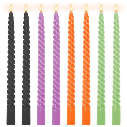 Whaline 8Pcs 10 Inch Halloween Spiral Taper Candles Black Orange Purple Green Dripless Twisted Wax Candles Long Unscented Candle Sticks for Home Party Supplies - color: Halloween