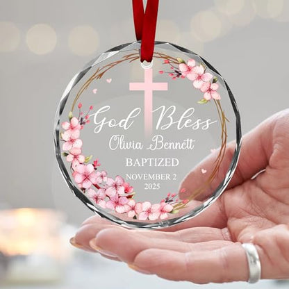 Personalized Baptism Baby Glass Ornament 2026- Custom Name God Bless Christmas - Thanksgiving - Birthday - Baby Girl - Parents - Christmas Keepsake from Godparents - color: Stylea03c