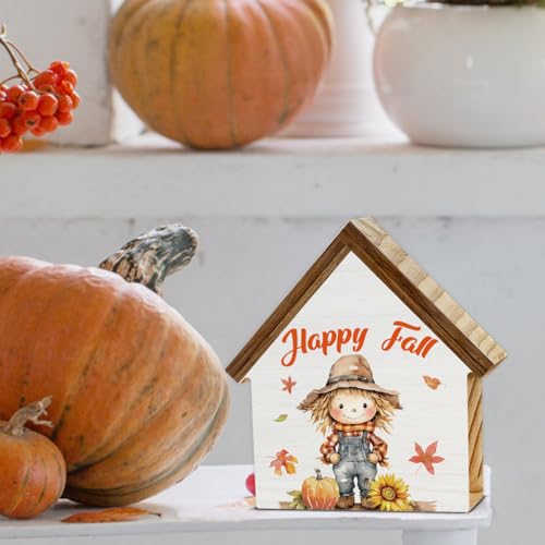 Scarecrows Fall Decor, Pumpkin Scarecrow Happy Fall House Shaped Wood Sign - color: Happy