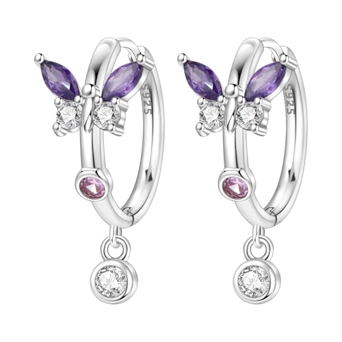925 Sterling Silver Drop & Dangle Earrings for Women,Butterfly Dragonfly and Bee|Flower and leaf Earrings, Suitable for Sensitive Ears Fashion Jewelry Gift- Hypoallergenic Earrings - color: Purple butterfly
