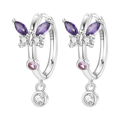 925 Sterling Silver Drop & Dangle Earrings for Women,Butterfly Dragonfly and Bee|Flower and leaf Earrings, Suitable for Sensitive Ears Fashion Jewelry Gift- Hypoallergenic Earrings - color: Purple butterfly