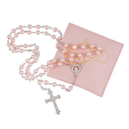 Rosary Beads Catholic, Rosary Necklace with Leather Pouch with Magnetic Top Bag for Men and Women Christian Gifts - color: Pink B