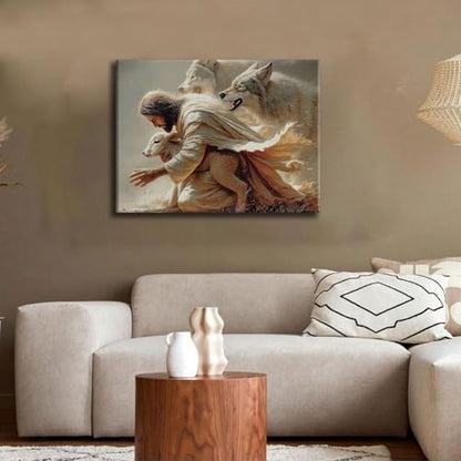 RJETZMU Jesus Good Shepherd Canvas Wall Art, Gallery Wrapped Print, 12x16 - color: Jesus sacrificed his life, size: 16"L x 12"W