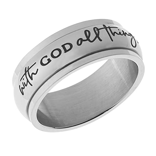 Beads & Pearls Jewelry 8mm Stainless Steel Women's Men's Spinner Ring - With God All Things are Possible Religious Christian Ring, Anxiety & Stress Relief, Size 6 to 9