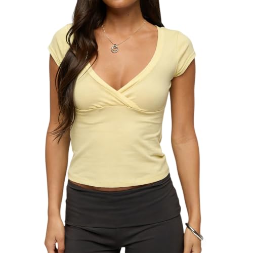 Women Deep V Neck Cross Wrap Top Cap Sleeve Slim Fit Basic Crop Tee - color: Yellow, size: Small