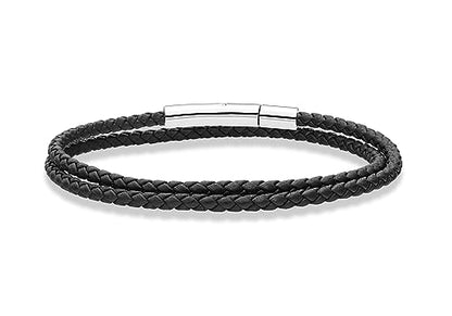 Miabella Genuine Italian Double Wrap Braided Leather Bracelet for Men Women, Stainless Steel Clasp, Made in Italy - color: Black, size: Large - 9" Length