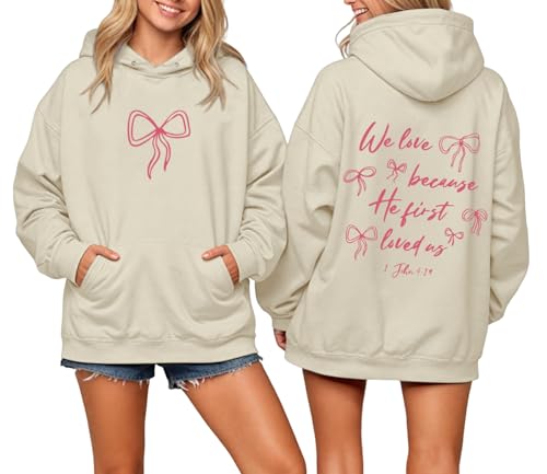 Christian Bow Hoodies for Women Cute Bow Print Sweatshirt Bible Verse Graphic Hoodie Religious Pullover Sweatshirts - color: Apricot, size: Small