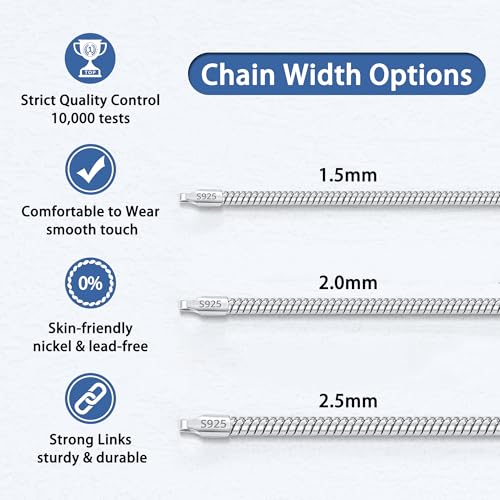 Jewlpire 1.5mm 2mm 2.5mm Snake Chain 18k Gold Plated 925 Sterling Silver Chain Necklace for Women, Smooth Sturdy Hypoallergenic, 16 18 20 22 24 Inch - color: 2.0mm Silver, size: 22 Inches