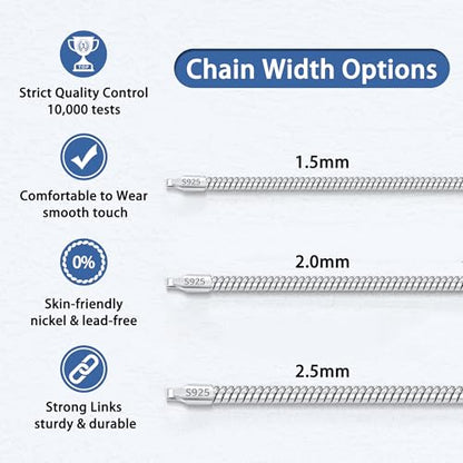 Jewlpire 1.5mm 2mm 2.5mm Snake Chain 18k Gold Plated 925 Sterling Silver Chain Necklace for Women, Smooth Sturdy Hypoallergenic, 16 18 20 22 24 Inch - color: 2.0mm Silver, size: 22 Inches