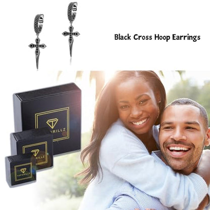 TOPGRILLZ Cross Hoop Dangle Earrings 925 Sterling Silver 5A+ Cubic Zirconia 14K Gold Hypoallergenic Cross Hoop Cuff Huggie Drop Earrings For Men Women - color: Black Cross Stud