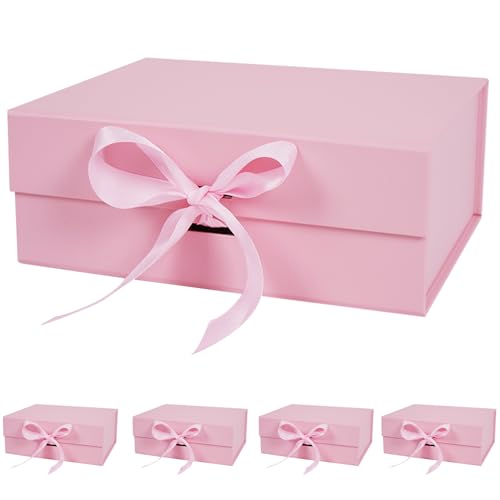 Aimyoo 5 Pack Large Pink Gift Box with Ribbon, 11.5x8.6x4.1 inch Groomsman Proposal Box for Presents with Magnetic Closure Lids, Rectangle Collapsible Luxury Box for Wedding, Christmas, Birthday - color: Pink 11.5x8.6x4.1 inch-5Pack