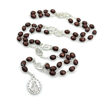 Seven Sorrows of Mary Rosary Wooden Beads Catholic Jewelry Necklace for Pray - color: Brown