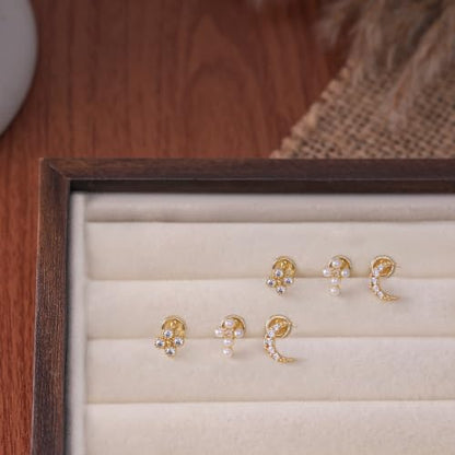Flat Back Earrings - 14K Gold Plated Tiny CZ Butterfly Cross Moon Flat Back Stud Earrings Dainty Cartilage Earring Set Hypoallergenic Helix Earrings for Women Trendy Tragus Piercing Jewelry - color: Gold-Set4