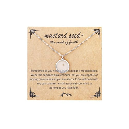 Mustard Seed Necklace - Rectangle, Round, Mountain, Hill Christian Faith Geometric Religious Inspirational Gift With Message Card - color: Silver, style: Round