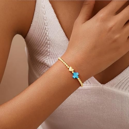 Turandoss Gold Cross Bracelet for Women Heart Beaded Bracelet Faith Jewelry - color: Turquoise Cross Bracelet