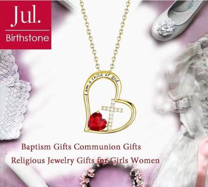 Birthstone Cross Necklace for Girls, Child of God Cross Gifts Jewelry - color: 07. July, style: 02. Yellow color
