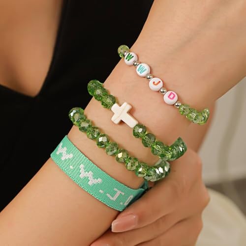 WWJD Bracelets Set WWJD Wristbands Christian Cross Bracelet Stackable Clay Bead Bracelets Stretch Glass Beaded Inspirational Christian Jewelry Gift for Couples Women Men - color: 4 Pcs Green