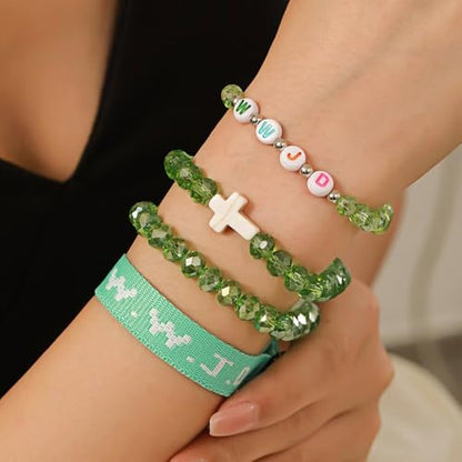 WWJD Bracelets Set WWJD Wristbands Christian Cross Bracelet Stackable Clay Bead Bracelets Stretch Glass Beaded Inspirational Christian Jewelry Gift for Couples Women Men - color: 4 Pcs Green