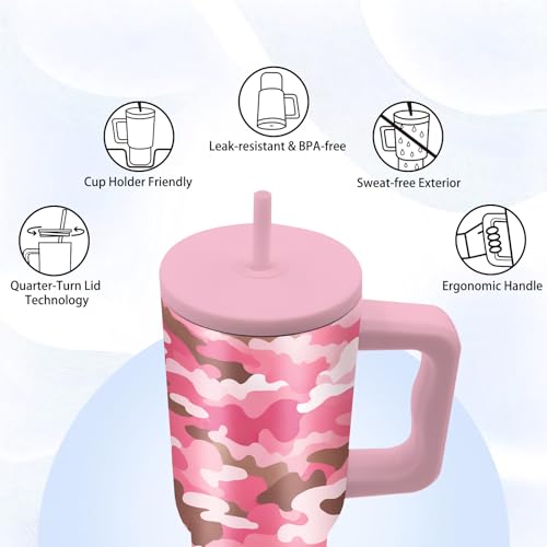 24 oz Pink Leopard Camouflage Tumbler with Handle and Straw, Leopard Gifts - color: Pink Camouflage
