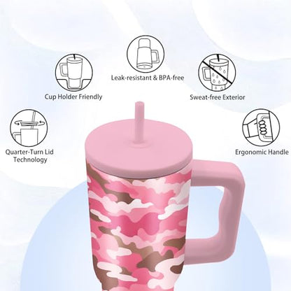 24 oz Pink Leopard Camouflage Tumbler with Handle and Straw, Leopard Gifts - color: Pink Camouflage