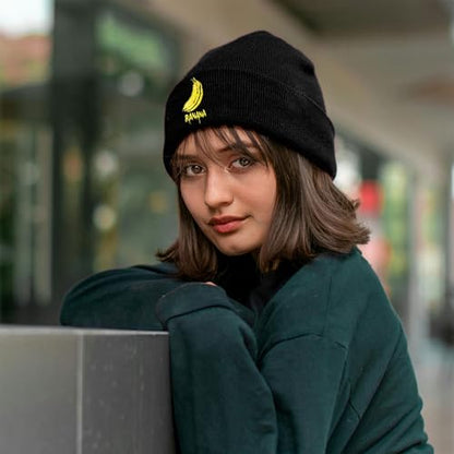 Black Beanie Hat for Men Women Embroidered Knit Winter Beanies Cap - color: Banana