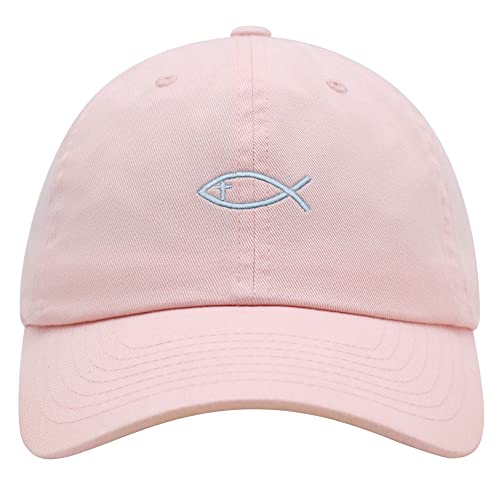 JPAK Jesus Fish Symbol Premium Dad Hat Embroidered Cotton Baseball Cap Symbol of Christianity - color: Light Pink
