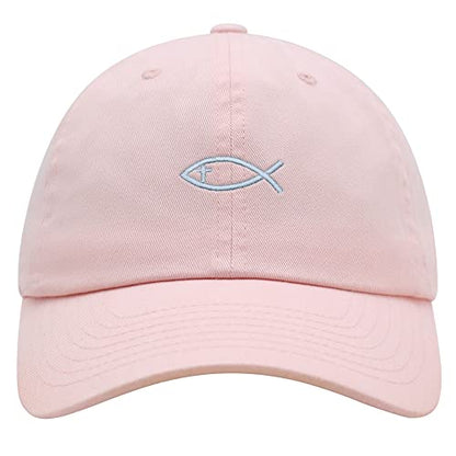 JPAK Jesus Fish Symbol Premium Dad Hat Embroidered Cotton Baseball Cap Symbol of Christianity - color: Light Pink