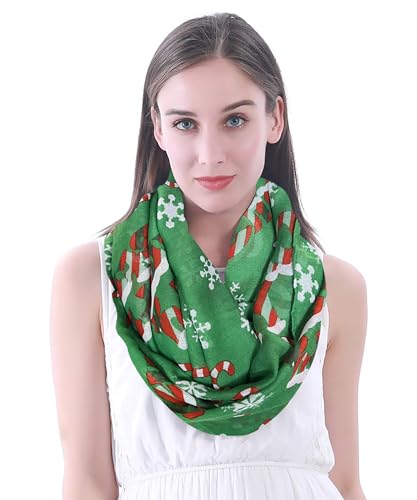 Lina & Lily Holiday Christmas Pattern Print Women's Infinity Scarf Lightweight - color: Green, Xmas Candy Cane Snowflake
