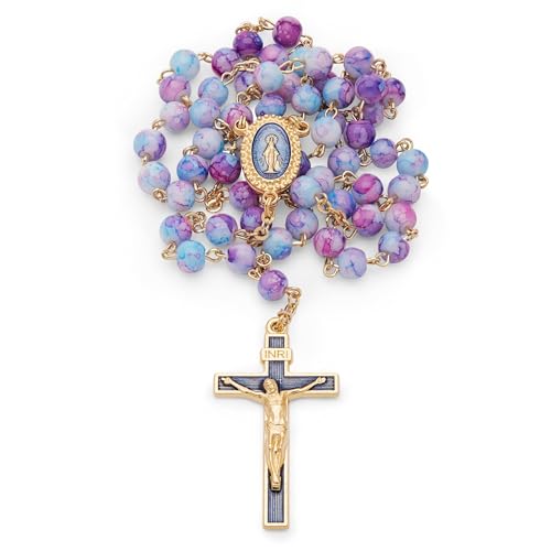 Mondo Cattolico Rosary Beads catholic for Women and Men from Vatican, Miraculous Virgin Rosary with Variegated Glass on a Gold Plated Brass Chain - Perfect Catholic gifts - color: Blue