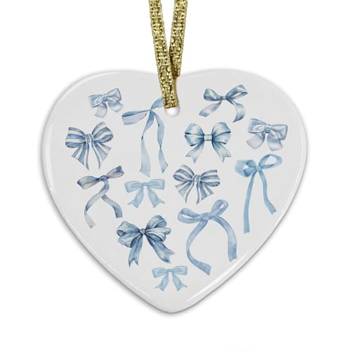 Coquette Blue Bow Christmas Ornament, Trendy Preppy Blue Bow Hanging Heart Ornaments for Christmas Tree Holiday Party Decorations, Girly Xmas Decorative Ornaments Keepsake TCP - color: Bow-blue-2