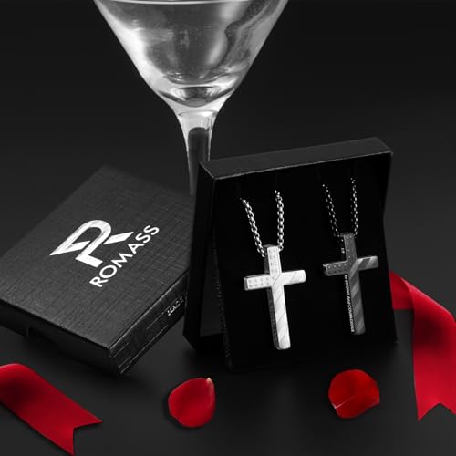 Romass Cross Necklace for Men Boys - 316L Stainless Steel Bible Verse Religious Pendant, Christian Jewelry Gifts for Son Husband, Graduation Gifts, Adjustable 22+2 inch Chain - color: Silver+Black, style: 2Pcs 1:9