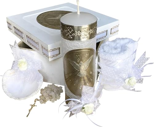 Grahmart Catholic Baptism Candle Set in a Wooden Box with Towel, Candle, Rosary and Shell for Baby Boys and Girls. Handmade Gift for Godparents.. Kit de Bautizo with a Surprise Small Gift (White)