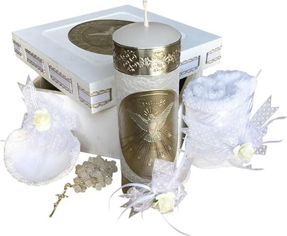 Grahmart Catholic Baptism Candle Set in a Wooden Box with Towel, Candle, Rosary and Shell for Baby Boys and Girls. Handmade Gift for Godparents.. Kit de Bautizo with a Surprise Small Gift (White)