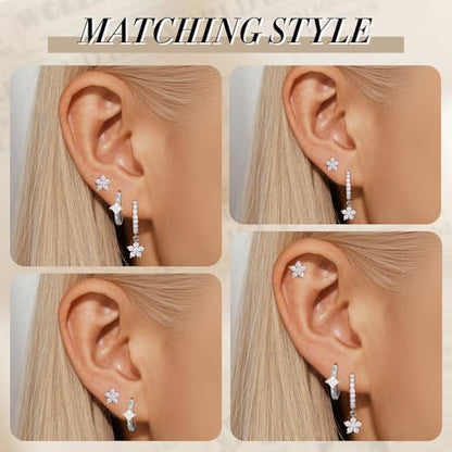 Angelady Gold Hoop Earrings Set for Women, Dainty 14K Gold Plated Flower Moon Cross Dangle Earrings, Hypoallergenic Huggie Hoop Earring Stacks, Stud Earrings for Women Trendy Jewelry Gift - color: Silver,Flower Earrings